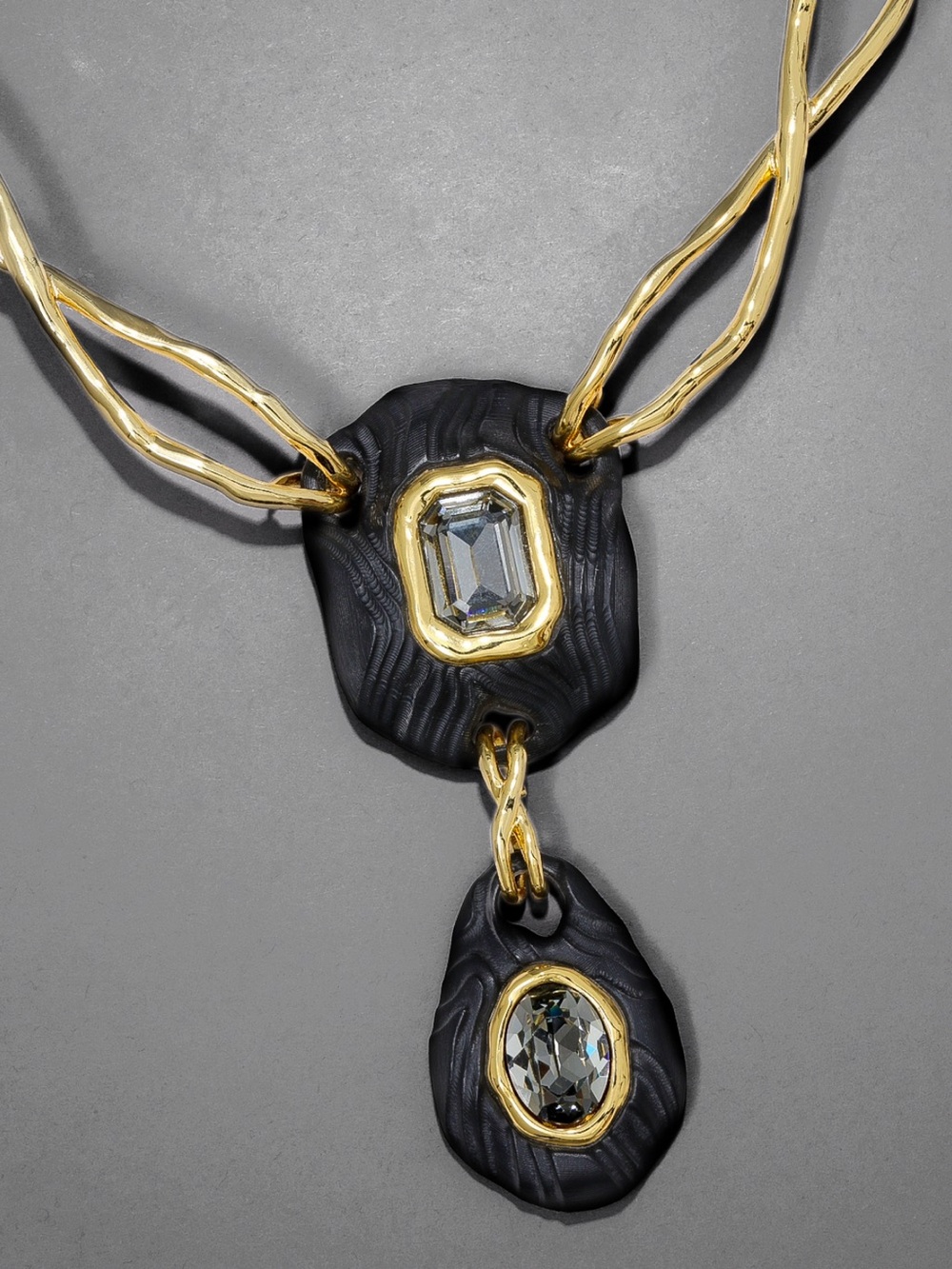 Alexis Bittar Black and Gold Pendant Necklace with Smoky Crystals